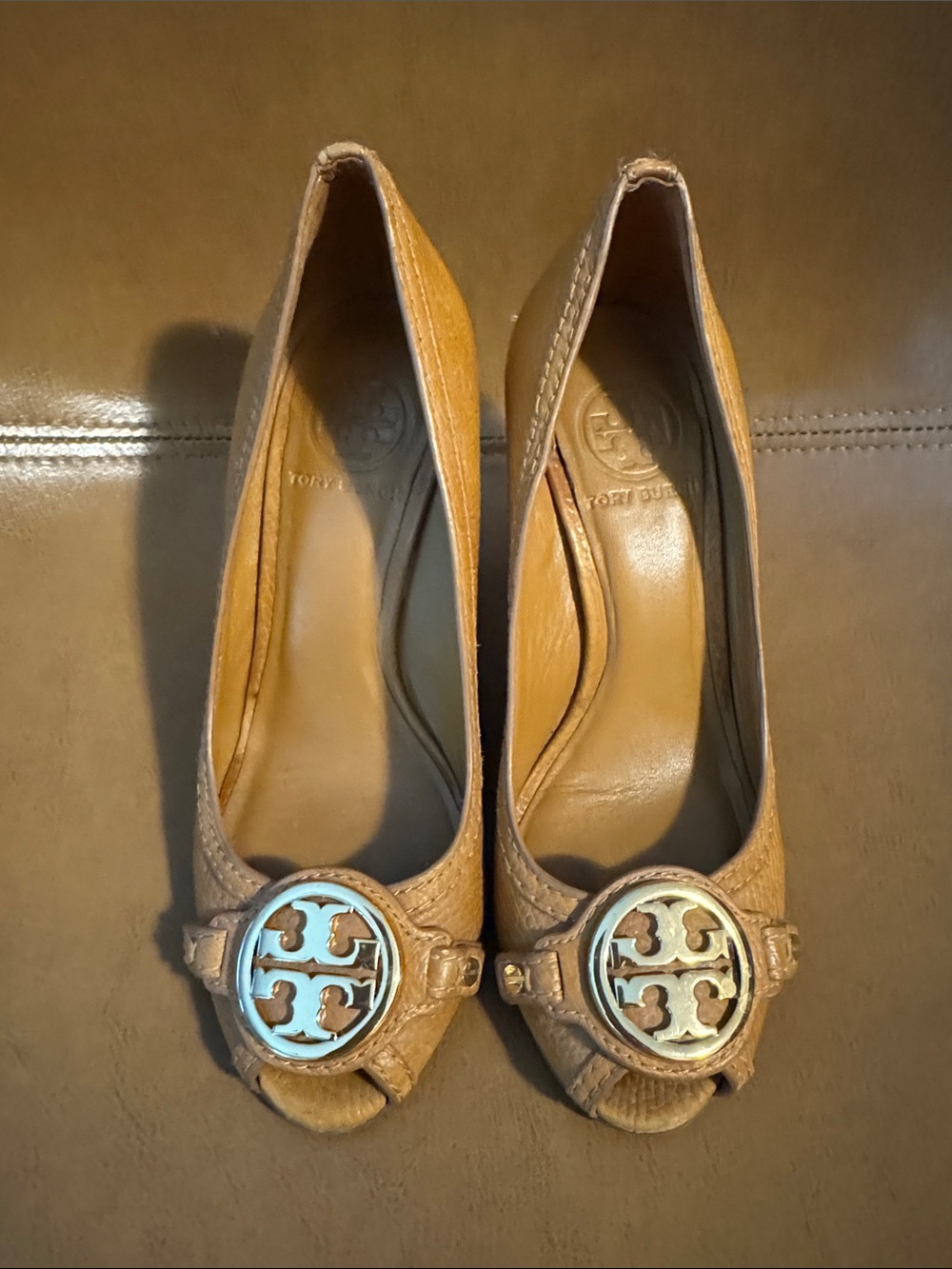 Tory Burch Tan Leather Peep-Toe Heels with Logo Medallions
